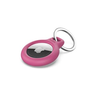 belkin apple airtag secure holder with key ring - durable scratch resistant case with open face & raised edges - protective airtag keychain accessory for keys, pets, luggage, backpacks - pink