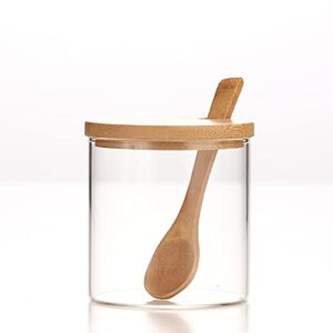 300ml/10oz clear glass jar with bamboo lid and wooden spoon, cute sugar bowl bath salt storage canister seasoning container condiment pot with scoop for spice, pepper for kitchen, table, countertop