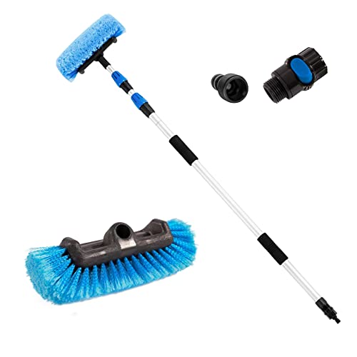 Car Wash Brush with Long Handle(5FT-11FT),12" Blue Brush Head,Water Flow Extension Pole with an ON/OFF Switch,Car Washing Brush with Hose Attachment for Car,Truck,SUV,RV and Other Surface Cleaning