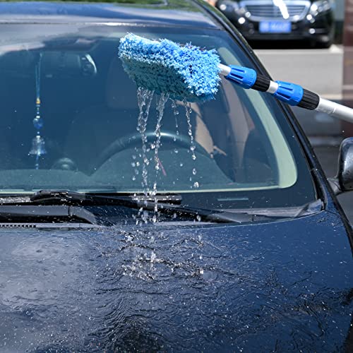 Car Wash Brush with Long Handle(5FT-11FT),12" Blue Brush Head,Water Flow Extension Pole with an ON/OFF Switch,Car Washing Brush with Hose Attachment for Car,Truck,SUV,RV and Other Surface Cleaning