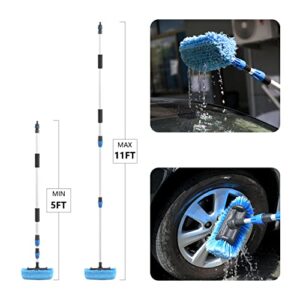 Car Wash Brush with Long Handle(5FT-11FT),12" Blue Brush Head,Water Flow Extension Pole with an ON/OFF Switch,Car Washing Brush with Hose Attachment for Car,Truck,SUV,RV and Other Surface Cleaning