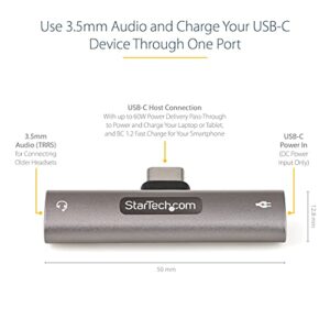 StarTech.com USB C Audio & Charge Adapter - USB-C Audio Adapter w/ 3.5mm TRRS Headphone/Headset Jack and 60W USB Type-C Power Delivery Pass-through Charger - For USB-C Phone/Tablet/Laptop (CDP235APDM)