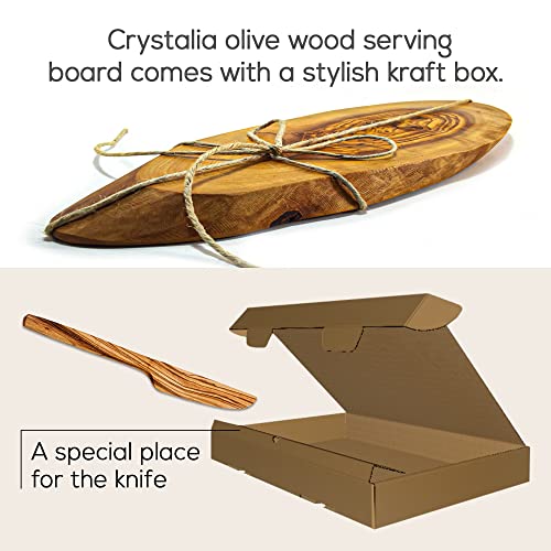 Crystalia Handmade Small Wooden Cutting Board for Kitchen, Natural Olive Wood Cheese Serving Board, Cute Live Edge Cutting Chopping Board with Wooden Spreader for Butter, Jam