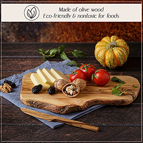 Crystalia Handmade Small Wooden Cutting Board for Kitchen, Natural Olive Wood Cheese Serving Board, Cute Live Edge Cutting Chopping Board with Wooden Spreader for Butter, Jam