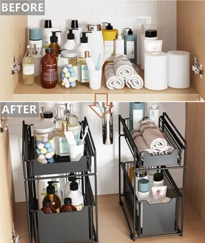 Simple Gear Heavy Duty 2-Tier Under Sink Cabinet Organizers with Sliding Storage Drawer, Pull Out Cabinets Organizer Shelf, Steel Shelf Basket Holds up to 150lbs for Kitchen Bathroom Cabinet or Pantry