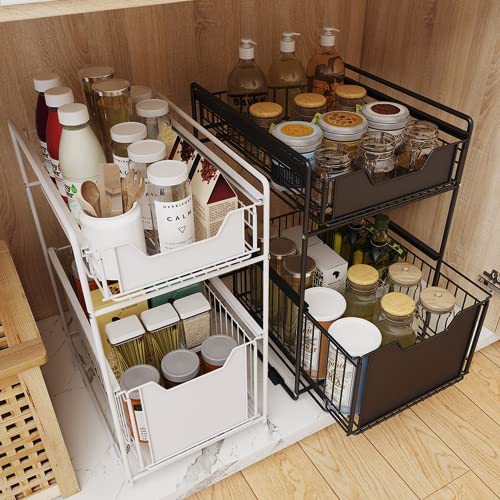 Simple Gear Heavy Duty 2-Tier Under Sink Cabinet Organizers with Sliding Storage Drawer, Pull Out Cabinets Organizer Shelf, Steel Shelf Basket Holds up to 150lbs for Kitchen Bathroom Cabinet or Pantry
