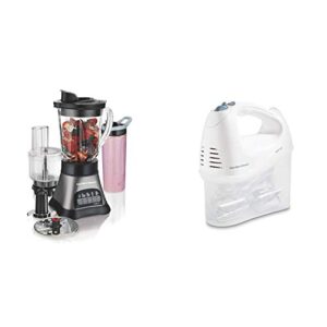 hamilton beach wave crusher blender with 40oz jar, 3-cup, grey & black (58163) & 6-speed electric-hand mixer, beaters and whisk, with snap-on storage case, white