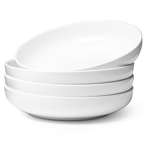 LIFVER 9.75" Large Pasta Bowls, 50 Ounces Salad Bowls Large, White Pasta Bowl Set of 4, Ceramic Pasta Plates Set, Wide Shallow Bowls Set, Microwave Dishwasher Safe