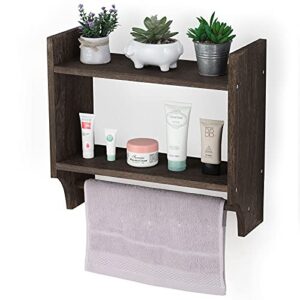 bty 2-tier wood towel rack, bathroom shelf wall mounted, wood storage organizer holder with hanging towel bar, farmhouse torched towel rack with shelf for home, bathroom - rustic brown