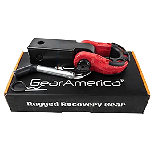 GearAmerica Aluminum 2”x2” Hitch Receiver & Mega Shackle – 32,000 lbs (16T) MBS, 16,000 lbs (8T) WLL – for Heavy Duty Towing and Off-Road Recovery – Includes Shackle, Washers & ⅝” Pin – Black & Red