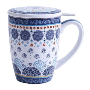 bico blue talavera 12oz porcelain tea mug with infuser and lid, microwave & dishwasher safe