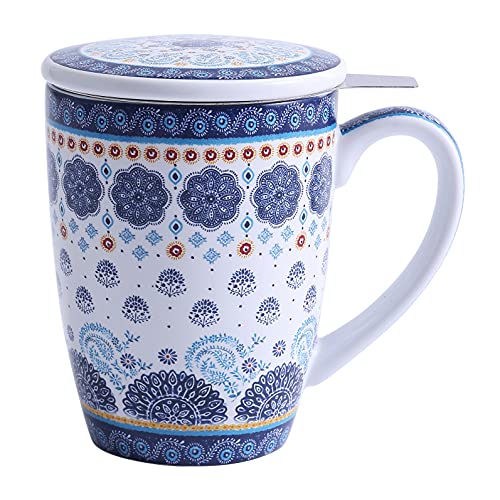 Bico Blue Talavera 12oz Porcelain Tea Mug with Infuser and Lid, Microwave & Dishwasher Safe