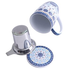 Bico Blue Talavera 12oz Porcelain Tea Mug with Infuser and Lid, Microwave & Dishwasher Safe