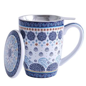 Bico Blue Talavera 12oz Porcelain Tea Mug with Infuser and Lid, Microwave & Dishwasher Safe