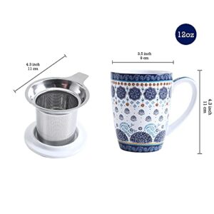 Bico Blue Talavera 12oz Porcelain Tea Mug with Infuser and Lid, Microwave & Dishwasher Safe