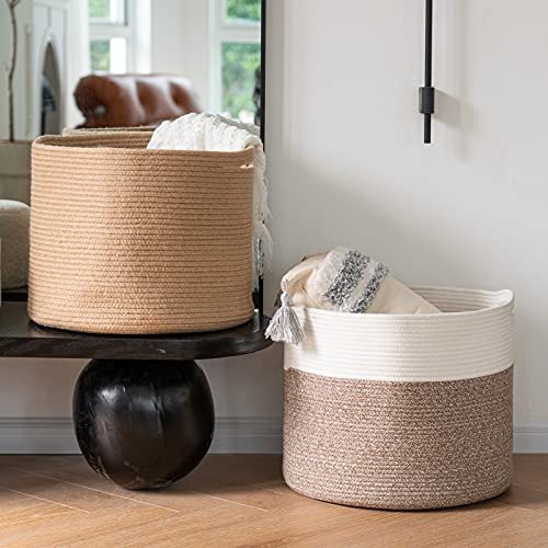 Goodpick Jute Rope Storage Basket Blanket Basket with Handles (Set of 2)