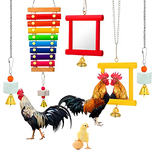 5 Pieces Hen Chicken Toys Chicken Coop Mirrors Colorful Wooden Xylophone Bird Toy Hanging Parrot Grindstone Bird Beak Stones Dangling Bird Toys with Bells for Chicks Parrots Birds Hens