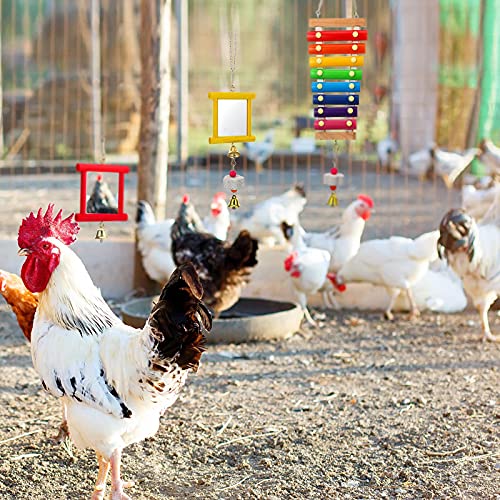 5 Pieces Hen Chicken Toys Chicken Coop Mirrors Colorful Wooden Xylophone Bird Toy Hanging Parrot Grindstone Bird Beak Stones Dangling Bird Toys with Bells for Chicks Parrots Birds Hens