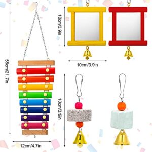 5 Pieces Hen Chicken Toys Chicken Coop Mirrors Colorful Wooden Xylophone Bird Toy Hanging Parrot Grindstone Bird Beak Stones Dangling Bird Toys with Bells for Chicks Parrots Birds Hens