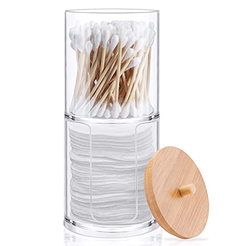 TCJJ Acrylic Cotton Round Pad Holder and Qtip Holder Dispenser Set with Bamboo Lid, Stackable, Clear Plastic Bathroom Vanity Organizer for Makeup Cotton Pad Swab Ball (Bamboo Lid)