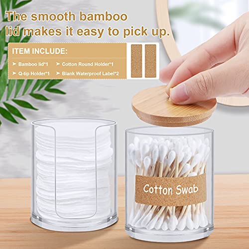 TCJJ Acrylic Cotton Round Pad Holder and Qtip Holder Dispenser Set with Bamboo Lid, Stackable, Clear Plastic Bathroom Vanity Organizer for Makeup Cotton Pad Swab Ball (Bamboo Lid)