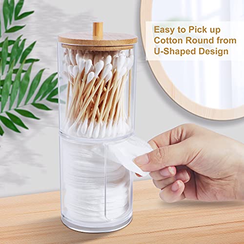 TCJJ Acrylic Cotton Round Pad Holder and Qtip Holder Dispenser Set with Bamboo Lid, Stackable, Clear Plastic Bathroom Vanity Organizer for Makeup Cotton Pad Swab Ball (Bamboo Lid)