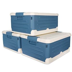 Aliokee 30L Collapsible Storage Bins with Lids,Durable Folding Plastic Containers, Utility Crates,Stackable Latch Storage Boxes For Home & Office &Car Travel Organization(3-Pack,Blue)