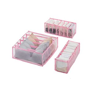 CLEACE Underwear Drawer Organizer Set, Foldable Sock Bra Underpants Organizer Drawer Divider, Washable Closet Cabinet Storage Boxes for Clothes, Stockings, Ties and Bras (6+7+11 Grid) 3 Pack (Pink)