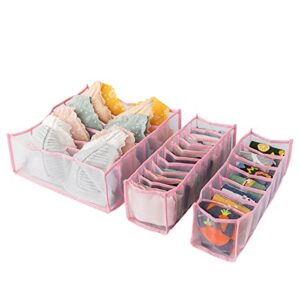 CLEACE Underwear Drawer Organizer Set, Foldable Sock Bra Underpants Organizer Drawer Divider, Washable Closet Cabinet Storage Boxes for Clothes, Stockings, Ties and Bras (6+7+11 Grid) 3 Pack (Pink)