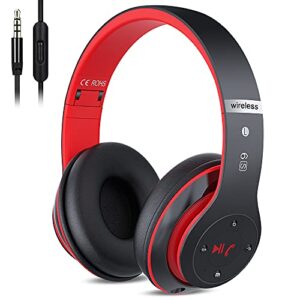 6s wireless bluetooth headphones over ear, hi-fi stereo foldable wireless stereo headsets earbuds with built-in mic, volume control, fm for iphone/samsung/ipad/pc (black & red)