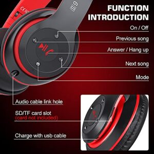 6S Wireless Bluetooth Headphones Over Ear, Hi-Fi Stereo Foldable Wireless Stereo Headsets Earbuds with Built-in Mic, Volume Control, FM for iPhone/Samsung/iPad/PC (Black & Red)