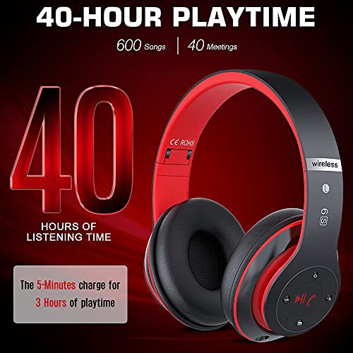 6S Wireless Bluetooth Headphones Over Ear, Hi-Fi Stereo Foldable Wireless Stereo Headsets Earbuds with Built-in Mic, Volume Control, FM for iPhone/Samsung/iPad/PC (Black & Red)