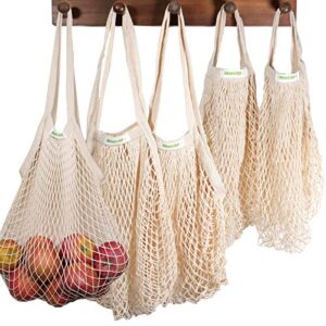 meetall mesh grocery bags, reusable tote bags with sturdy handle, washable, eco friendly, cotton string net, for shopping and storage fruit vegetable (5 pack, 2 size,off white)
