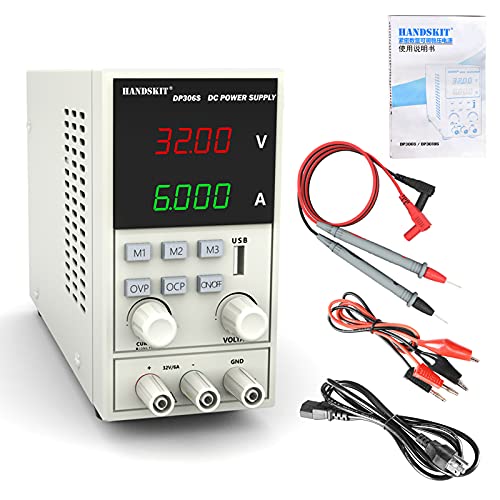 DC Power Supply,HANDSKIT Bench Power Supply 32V 6A Variable Adjustable Switching Regulated Power Supply OVP OCP Digital LED Display with Multimeter Test Lead,Alligator Clip and Plug Adapter Power Cord