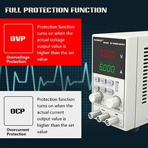 DC Power Supply,HANDSKIT Bench Power Supply 32V 6A Variable Adjustable Switching Regulated Power Supply OVP OCP Digital LED Display with Multimeter Test Lead,Alligator Clip and Plug Adapter Power Cord