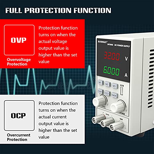 DC Power Supply,HANDSKIT Bench Power Supply 32V 6A Variable Adjustable Switching Regulated Power Supply OVP OCP Digital LED Display with Multimeter Test Lead,Alligator Clip and Plug Adapter Power Cord