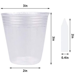 HOVEOX 100Pcs 3 Inch Plant Nursery Pots with 100Pcs Plant Labels, Transparent Plastic Gardening Pot Planting Containers Indoor Succulent herb Planter for Seedlings Succulent Vegetable