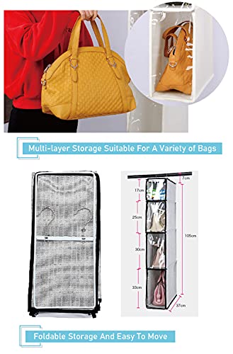 OULLYY Hanging Handbags Organizer for Closet, Multi-Layer Breathable Cotton Linen Fabric Closet Purse Storage Bag with Clear Dust Proof Cover (Gray A)