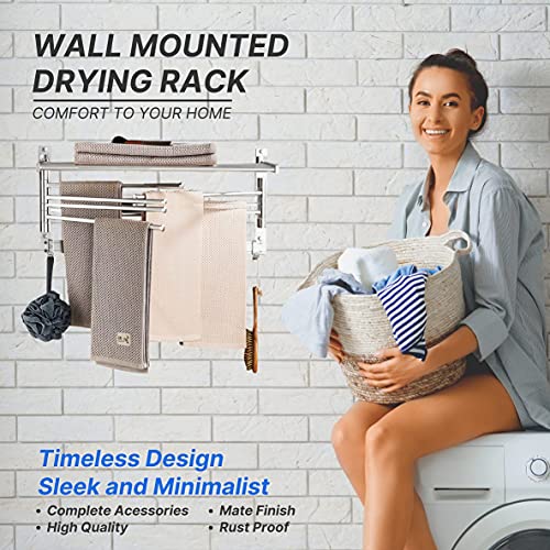 Juselove Wall-Mounted Drying Rack – Drying Rack with Broom Holder and Laundry Bag – Multifunctional Clothing Drying Rack with Swing Arms and Hooks – Space-Saving Laundry Rack for Clothes, Towels