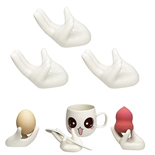 MaoYaMao Set of 3 Creative Ceramic Hand Shaped Egg Cup Holder Porcelain Egg Cup Easter Egg Display Stand for Hard Boiled Eggs Breakfast Table Kitchen Gift(White)