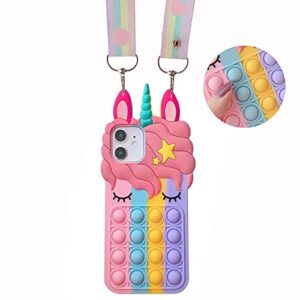 mme fidget case for iphone case - cute fun funny soft silicone cover for girls kids women, 3d cartoon character kawaii bubble cases with rainbow neck lanyard (12 mini, color)