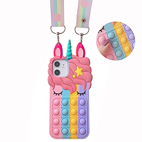 MME Fidget Case for iPhone Case - Cute Fun Funny Soft Silicone Cover for Girls Kids Women, 3D Cartoon Character Kawaii Bubble Cases with Rainbow Neck Lanyard (12 Mini, Color)