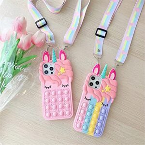 MME Fidget Case for iPhone Case - Cute Fun Funny Soft Silicone Cover for Girls Kids Women, 3D Cartoon Character Kawaii Bubble Cases with Rainbow Neck Lanyard (12 Mini, Color)