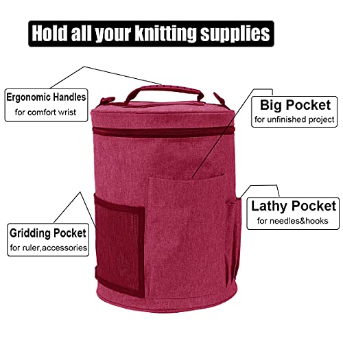 Weabetfu Large Capacity Portable Yarn Organizer Knitting Tote Storage Bag Yarn Bags Have Pocket for Crochet Hooks,Knitting Needles & Accessories,Prevent Yarn Tangle(Red)