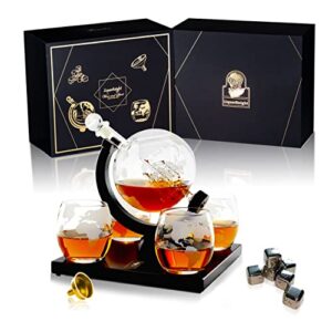 liquorknight globe whiskey decanter set/hand-blown lead-free glass/wooden stand/liquor dispenser bar set with 4 glass/whiskey stones & funnel/antique glass ship/home bar accessory