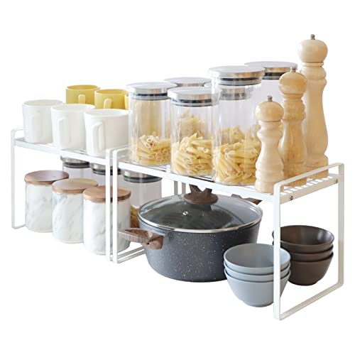 2 Pack Kitchen Shelf Organizer Cabinet Countertop Storage Shelves,Bathroom Pantry Office Space Saving Rust Resistant Non Slip Stackable Small Stand Metal Wire Rack,16 and 13 Inch White