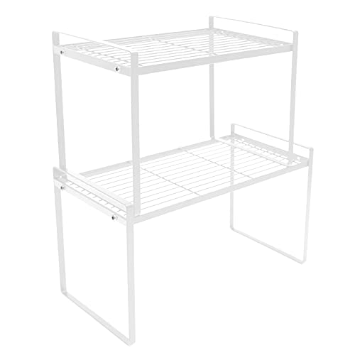 2 Pack Kitchen Shelf Organizer Cabinet Countertop Storage Shelves,Bathroom Pantry Office Space Saving Rust Resistant Non Slip Stackable Small Stand Metal Wire Rack,16 and 13 Inch White