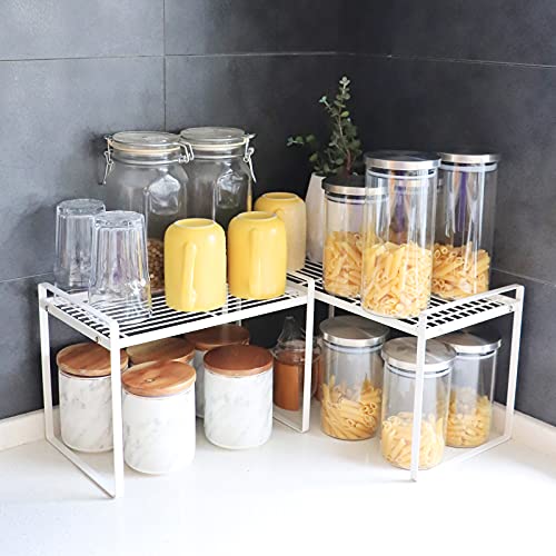 2 Pack Kitchen Shelf Organizer Cabinet Countertop Storage Shelves,Bathroom Pantry Office Space Saving Rust Resistant Non Slip Stackable Small Stand Metal Wire Rack,16 and 13 Inch White