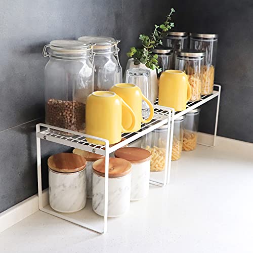 2 Pack Kitchen Shelf Organizer Cabinet Countertop Storage Shelves,Bathroom Pantry Office Space Saving Rust Resistant Non Slip Stackable Small Stand Metal Wire Rack,16 and 13 Inch White