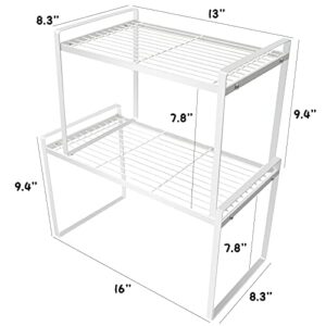 2 Pack Kitchen Shelf Organizer Cabinet Countertop Storage Shelves,Bathroom Pantry Office Space Saving Rust Resistant Non Slip Stackable Small Stand Metal Wire Rack,16 and 13 Inch White